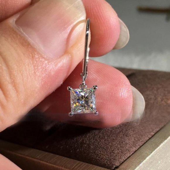 New Princess Cut Solitaire Diamond Earrings - Picture 2 of 6